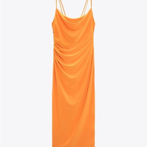 Zara Draped Neck Dress with thin double straps in back Orange L NWT - Picture 5 of 10